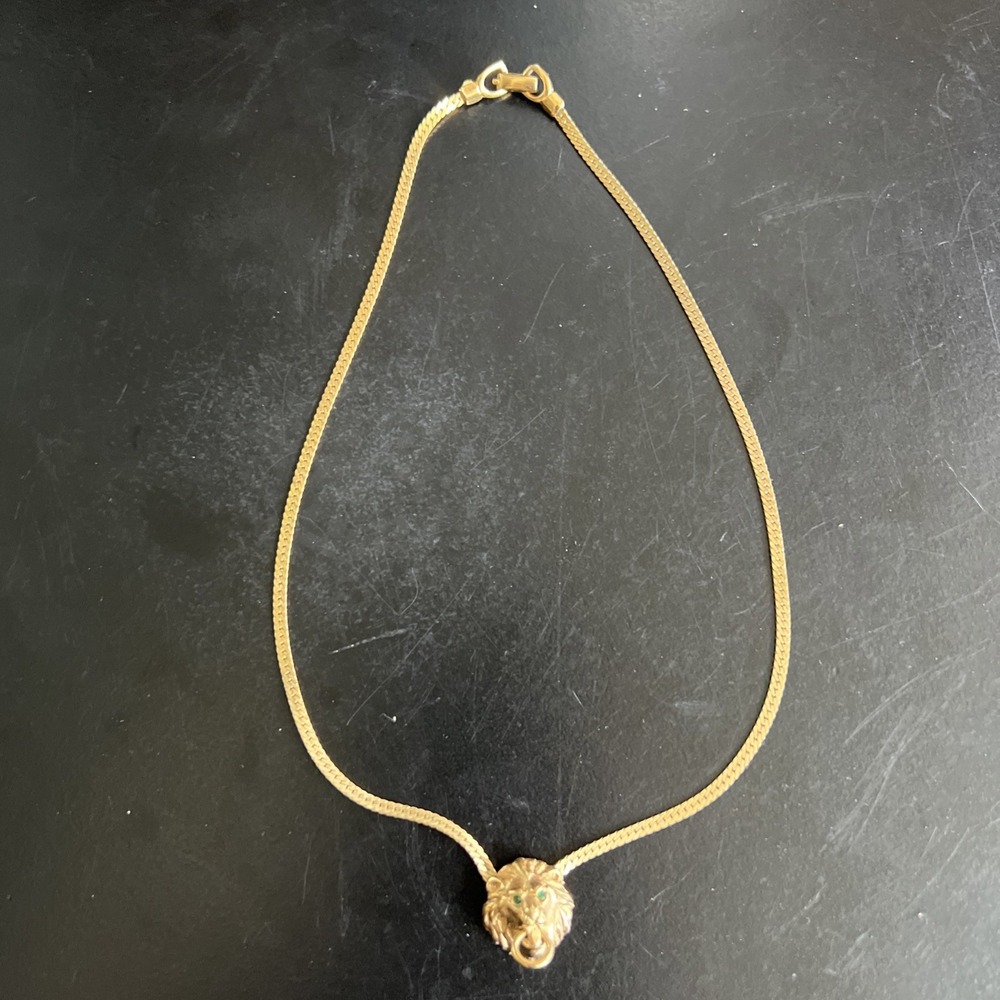 Vintage Signed NAPIER Lion Door Knocker Gold Tone Pendant Chain Necklace 8.5"